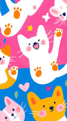 Illustration graffiti collage of cute cat kitties with cheerful happy pose paws print celebrate festive sticker pink blue background. star and heart sticker decoration fun playful party pet wallpaper