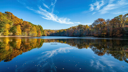 Lake reflecting the vivid colors of an autumn forest, the golden leaves and blue sky creating a mesmerizing contrast in the water