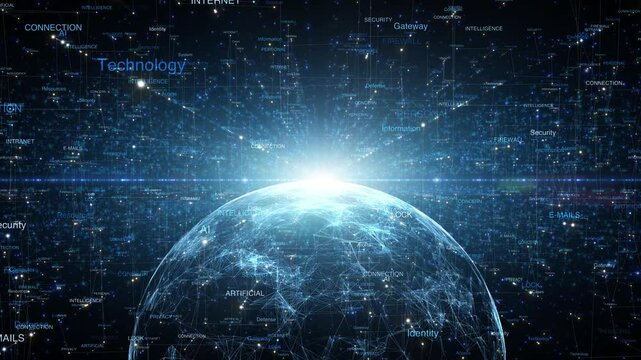  3d Digital sphere with technology word cloud animation.
