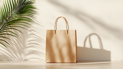 Blank paper bag on minimalist table, isolated, high-quality rendering