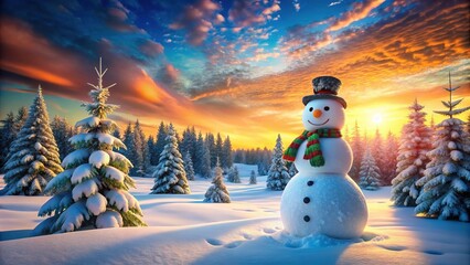 Obraz premium Surreal Christmas Snowman, Snowy Landscape, Happy New Year