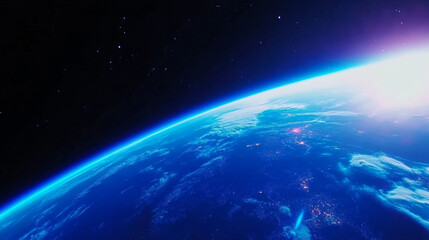 Obraz premium Earth in space universe planet with shiny star dark blue technology science background with copy space. astronomy starry sky shimmering glow wallpaper