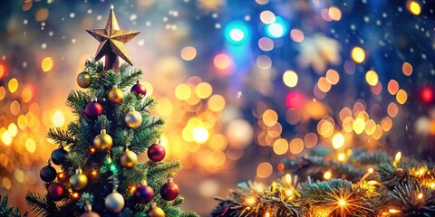 Tilt-Shift Christmas Tree, Stars, Fairy Lights, Festive Background