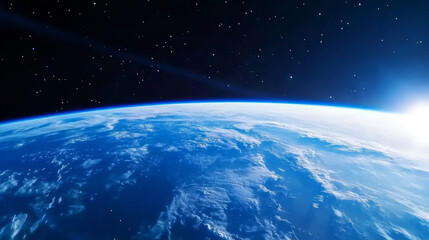 Fototapeta premium Earth in space universe planet with shiny star dark blue technology science background with copy space. astronomy starry sky shimmering glow wallpaper