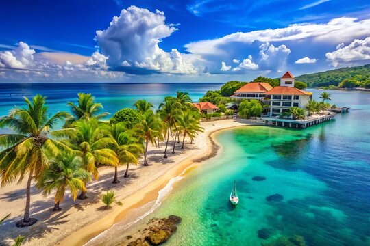 A Stunning View of a Tropical Resort Overlooking the Crystal Clear Waters of Runaway Bay, Jamaica Surrounded by Lush Greenery and Golden Sandy Beach