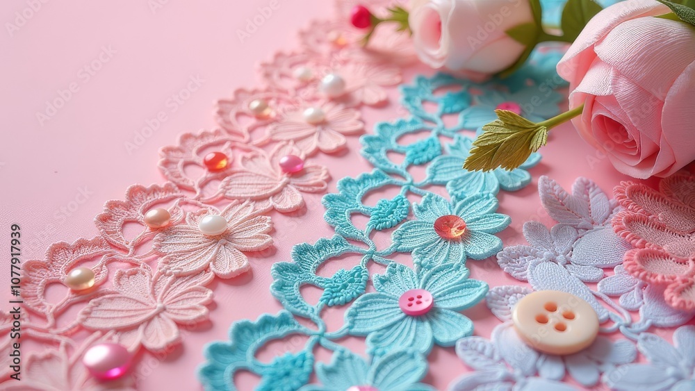 Poster A colorful assortment of buttons and beads are arranged on a pink background