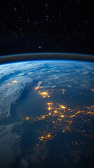 Fototapeta premium Earth in space universe planet with shiny star dark blue technology science background with copy space. astronomy starry sky shimmering glow wallpaper