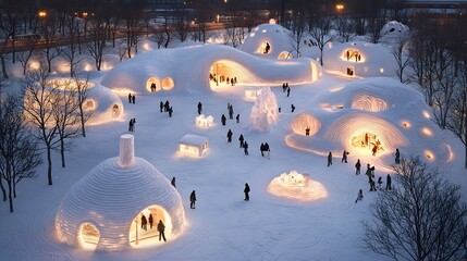 Aerial view of the Sapporo Snow Festival s enchanting winter wonderland with illuminated snow sculptures and icy structures shining in the dark night