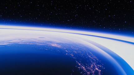 Obraz premium Earth in space universe planet with shiny star dark blue technology science background with copy space. astronomy starry sky shimmering glow wallpaper