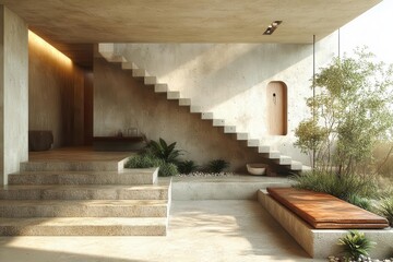 Fototapeta premium modern entrance hall features striking concrete walls paired with a rustic wooden bench beside a sweeping staircase bathed in natural light that highlights the stylish loft design