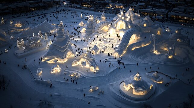 Aerial view of illuminated snow sculptures and frozen landscapes at the Sapporo Snow Festival a renowned winter event in Japan featuring intricate ice and snow artworks
