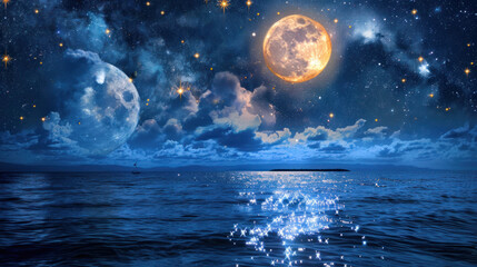 Fototapeta premium Moon and stars reflecting on a calm ocean, the night sky peaceful and full of wonder
