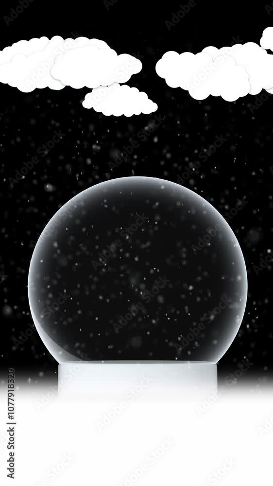 Wall mural loop empty christmas snow globe with illustrated clouds and snowfall vertical background.