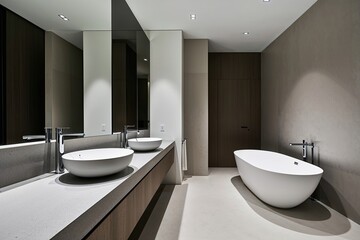 Graceful Minimal Bathroom with Sleek Composite Stone Countertop, Integrated Basin, Frameless Mirror, and Relaxing Freestanding Bath
