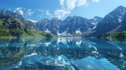 Obraz premium Mountain lake with crystal-clear reflections of the peaks and a deep blue sky, creating a stunning, symmetrical landscape