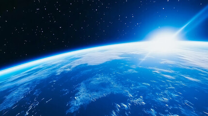 Obraz premium Earth in space universe planet with shiny star dark blue technology science background with copy space. astronomy starry sky shimmering glow wallpaper