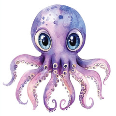 cute Squid watercolor clipart illustration isolated