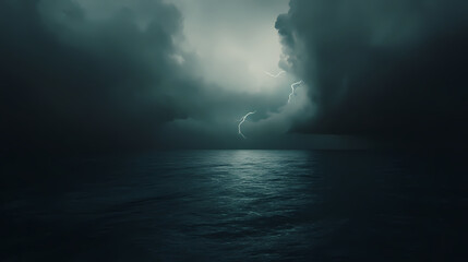 Thunderstorm over ocean, dark clouds rolling in, lightning striking water, intense cinematic drama, focus cover all object, deep dept of field. Cinematic. Illustration