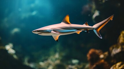 An aquanaut observes a sleeping shark in the soft blue hued underwater lighting captured in natural sea tones  This tranquil scene showcases the beauty and mystery of the ocean s diverse marine life