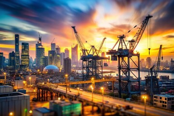 Blurred Industrial Skyline with Cranes Overlooking Urban Construction Scene in a Dynamic Cityscape Showcasing Modern Development and Industrial Progress