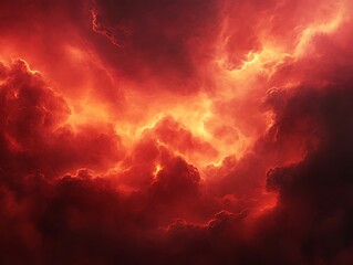 Billowing red and orange smoke clouds against a pitch-black background, creating a dramatic and abstract effect with intense contrast.