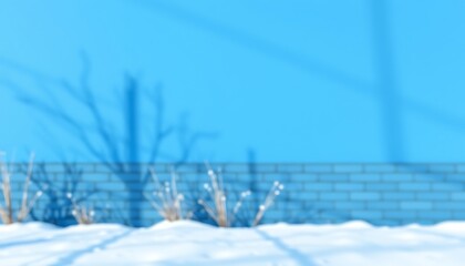 Panoramic abstract blue background for product presentation with sunlight and blurred shadows wall. Winter background