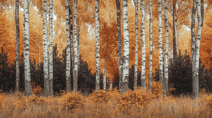 Autumn trees with golden leaves in a serene forest setting during the fall season