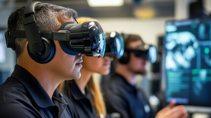 A cybersecurity team using VR simulations to practice disaster recovery protocols and real-time threat responses