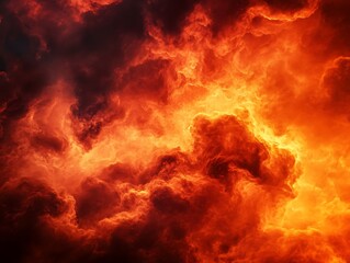 Billowing red and orange smoke clouds against a pitch-black background, creating a dramatic and abstract effect with intense contrast.