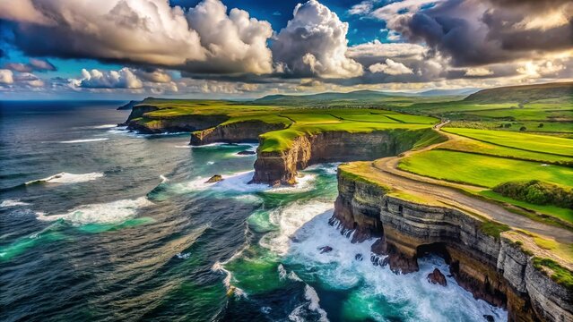 Breathtaking Panoramic View of Mullaghmore, Ireland, Showcasing Cliffs, Rolling Green Hills, and Serene Ocean Waters Under a Dramatic Sky