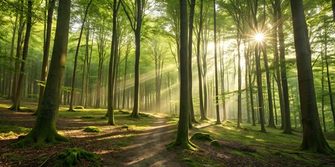 Obraz premium Sunlight through misty forest path in autumn morning
