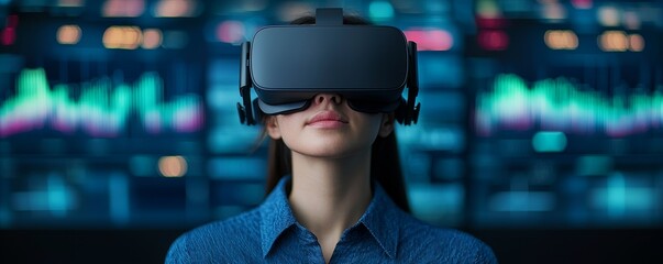 A woman wearing a virtual reality headset, immersed in digital data visualization, showcasing the intersection of technology and human experience.
