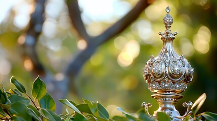 Ornate silver finial atop a  decorative object with bokeh background.