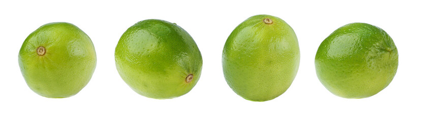 Different angles of Green limes. Lime closeup isolated on white background.