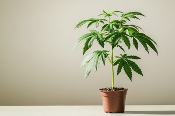 Fototapeta premium A young cannabis plant in a small pot, thriving with green leaves against a neutral background.