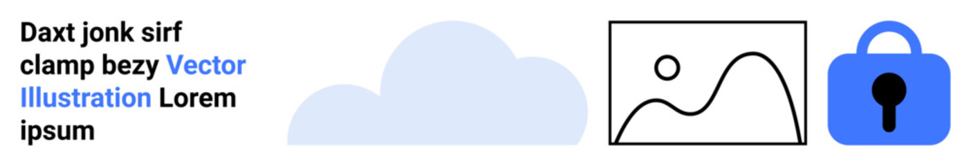 Cloud icon, image placeholder, and blue padlock symbol. Ideal for data security, cloud storage, digital privacy, internet safety, online storage, web hosting, and cybersecurity. Banner for landing