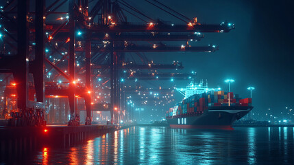 Nighttime port with cargo ship and cranes.