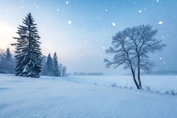 Fototapeta premium Winter forest landscape with snow-covered trees and a peaceful, frosty scene