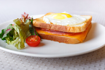 Homemade breakfast scrambled egg sandwich with tomatoes cherry on white table, healthy breakfast fried egg on toast with fresh and nutritious ingredients