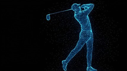 Futuristic golfer silhouette in full swing motion with glowing blue abstract shapes on transparent background  Digital 3D of modern sports technology and energy visualization concept