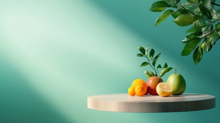 A wooden table adorned with a variety of fresh fruits arranged in a visually appealing manner, showcasing their natural colors and textures.