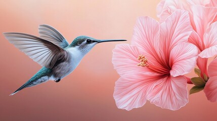 Fototapeta premium A close up shot of a hummingbird hovering near a bright pink flower, capturing the beauty and delicate details of nature.