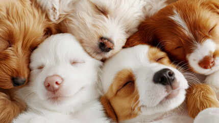 Pile of cute dog puppies lay back relaxing happy pose with furry fluffy soft texture pink white beige brown background. pet decoration sleep party fashion new year adorable wallpaper