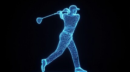 Glowing blue geometric shapes forming a dynamic and stylized golfer figure in full swing motion isolated on a transparent background with a futuristic abstract and digitally rendered aesthetic