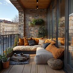 Balcony with cozy seating arrangements and a warm lighting atmosphere picture