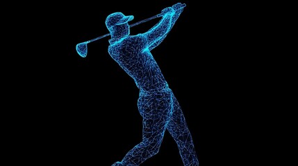 Luminous Blue Geometric Golfer Swinging on Futuristic Energy Background  Dynamic abstract digital of a golfer in full swing constructed of glowing polygonal shapes isolated on a high energy