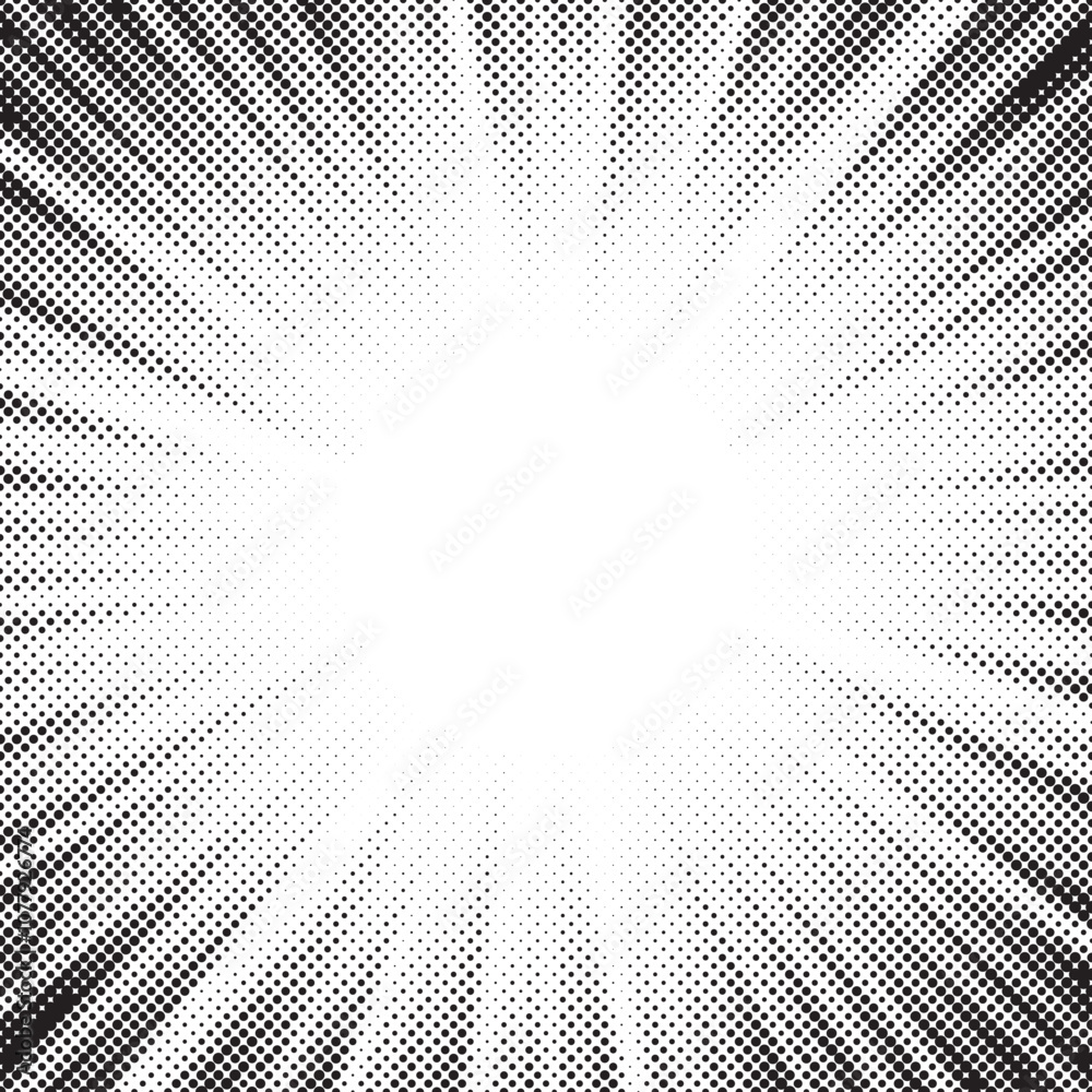 Poster Halftone gradient sun rays pattern. Abstract halftone vector dots background. monochrome dots pattern. Vector background in comic book style with sunburst rays and halftone. Retro pop art design.