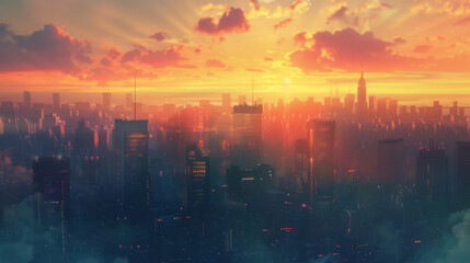The city skyline bathed in the soft light of the rising sun, the sky painted with shades of orange and pink.
