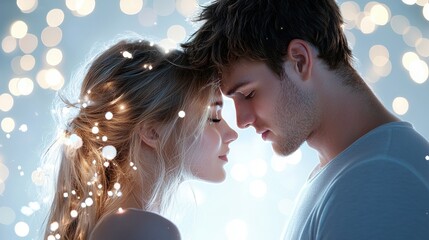 A portrait with soft, diffused lighting and bokeh particles in the background, creating a romantic and flattering effect.