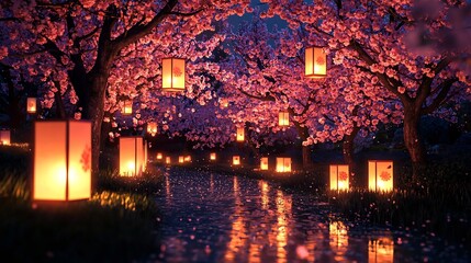 Mesmerizing evening hanami scene with sakura trees illuminated by warm lanterns and soft lights creating a magical tranquil and romantic atmosphere in a traditional Japanese garden